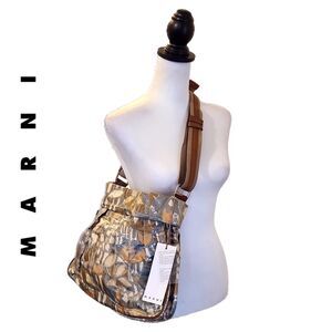 Marni (Rare) NWT Neutral Print Satin & Vinyl Coated Vintage Shoulder Bag w/ COA